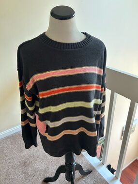 Peace Love World Black Sweater with Pastel Stripe Accents